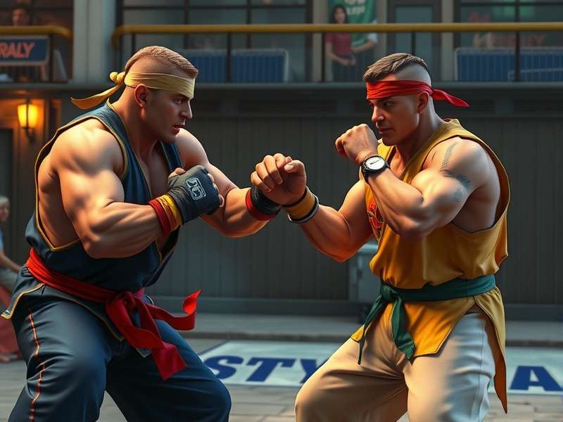 Behind the scenes photo of actors practicing fight choreography on the Street Fighter movie set