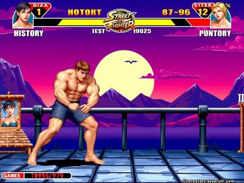 Street Fighter II arcade cabinet with glowing screen