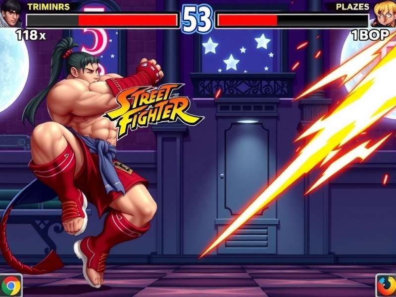 Two players competing intensely in a Street Fighter match at a tournament
