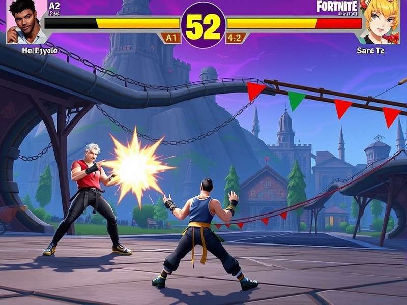 Ryu and Chun-Li characters fighting in Fortnite landscape