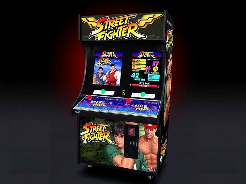 Classic Street Fighter arcade cabinet with iconic character artwork and joystick controls