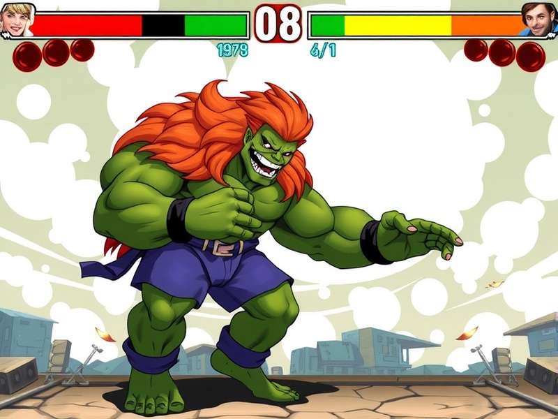 Blanka Street Fighter character artwork showing his iconic green skin, wild orange hair, and electrical aura