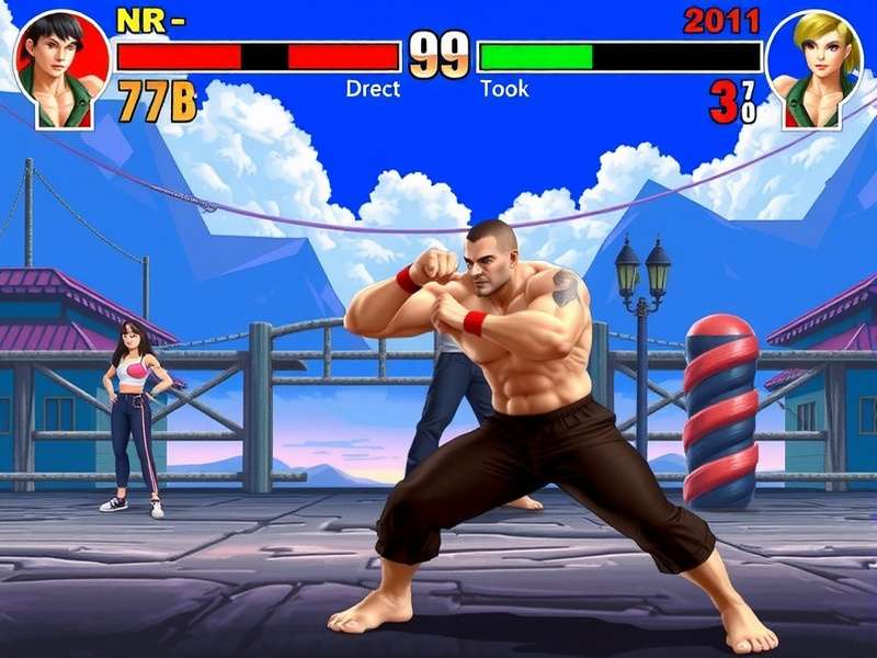 Street Fighter game showcase featuring iconic characters Ryu, Ken, and Chun-Li in epic battle stance